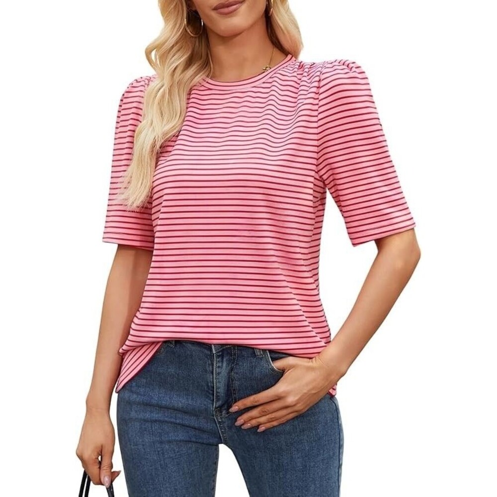 Women Puff Short Sleeve Striped T-Shirt Crewneck Pleated Sleeve Size Medium NWT